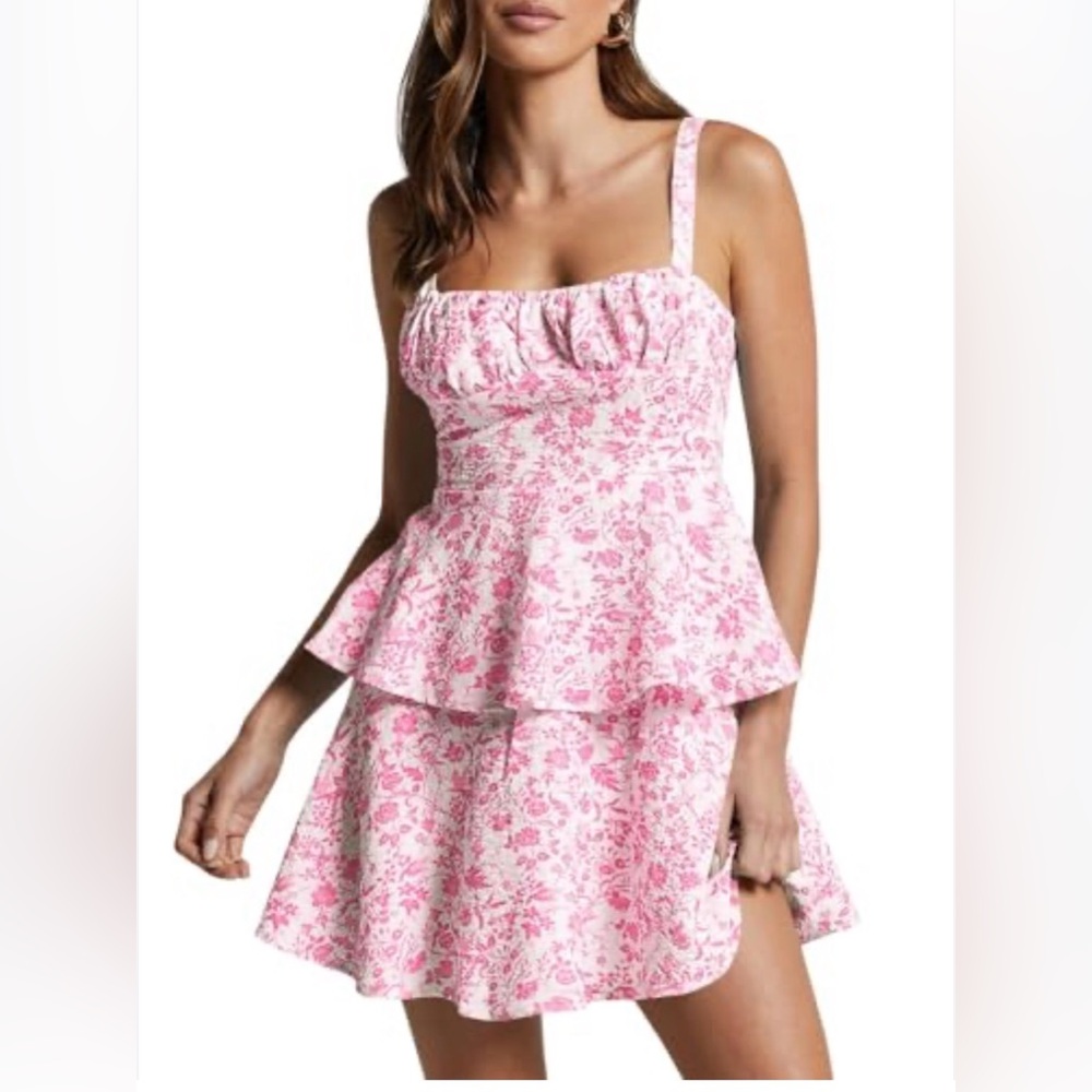 Pink Floral Peplum Dress Shabby Chic Beach Mini Dress small
